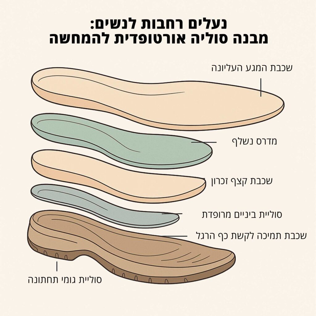 מבנה סוליה של נעל רחבה לנשים אורטופדית להמחשה